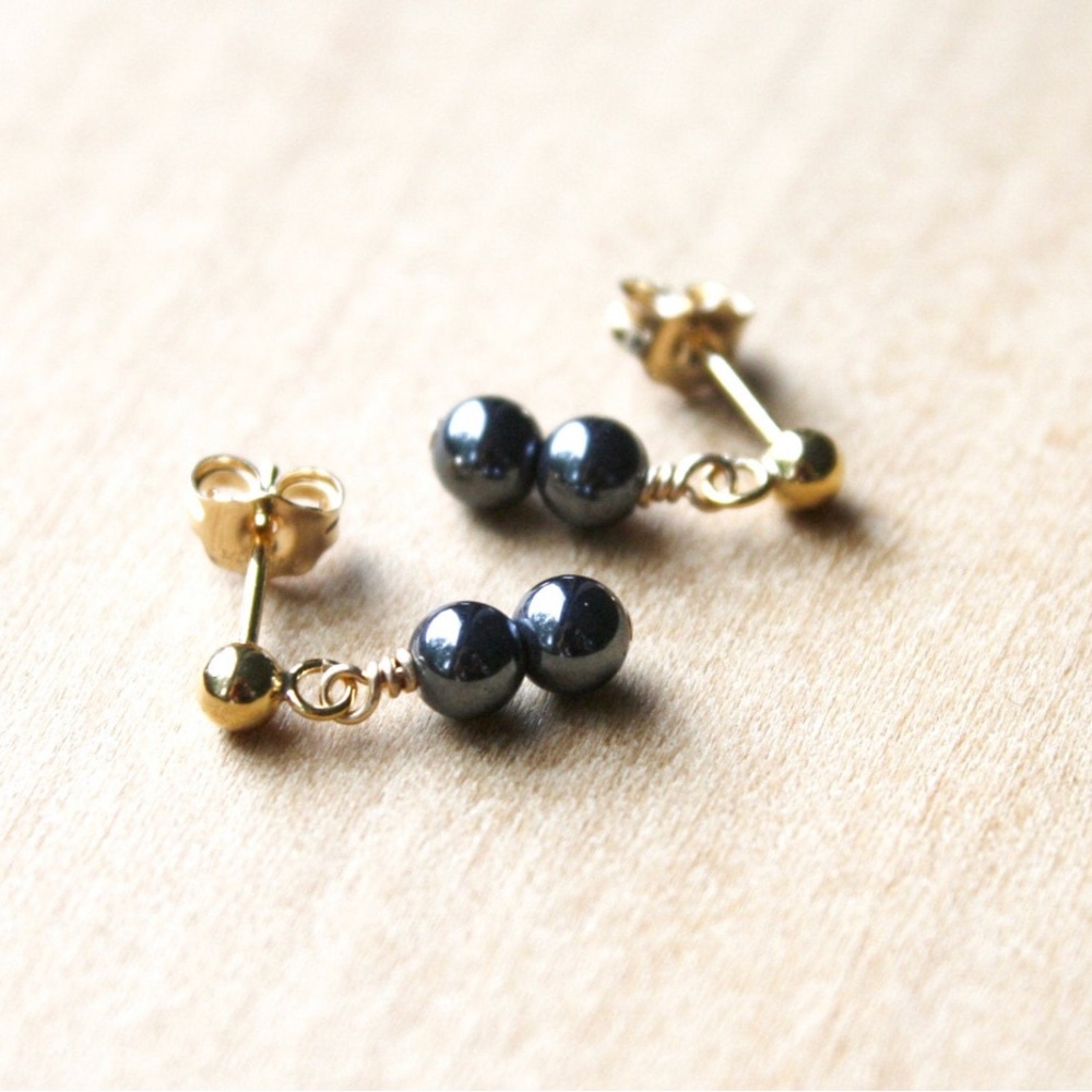 Hematite stud earrings 14k gold filled handmade gemstone jewelry